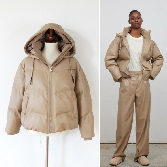 FINAL ⬇️ Jakke. | Poppy Vegan Leather Puffer Jacket in Biscuit Tan - Picture 1 of 8